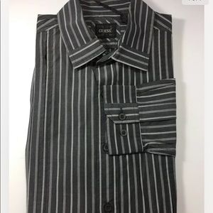 Guess Men Long Sleeve Dress Shirt Medium Grey Stripe White Cotton